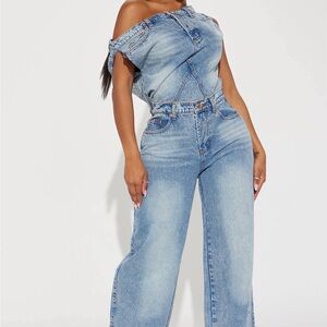 Fashion Nova Denim Jumpsuit – Size Large – NWT – Off Shoulder Wide Leg